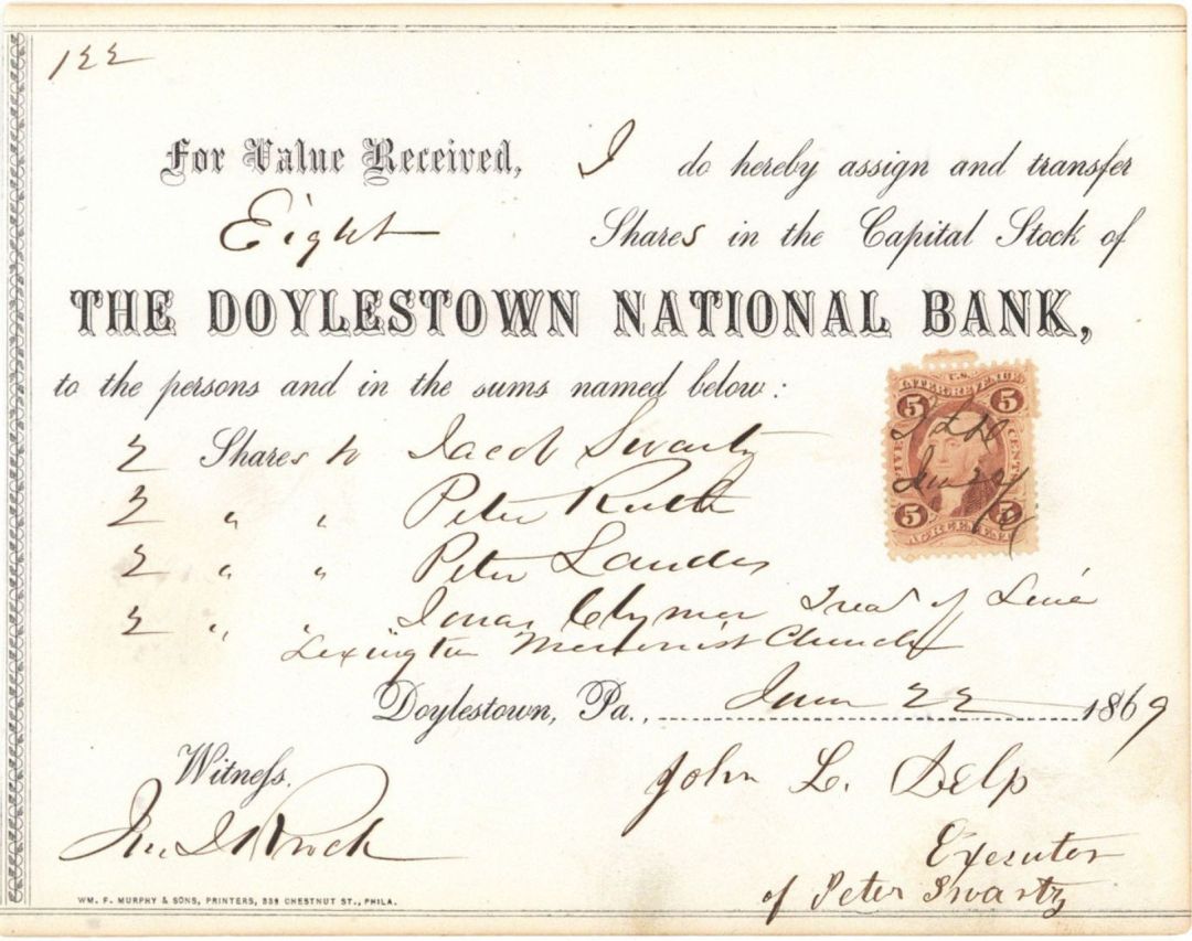 Doylestown National Bank - 1869 dated Stock Certificate