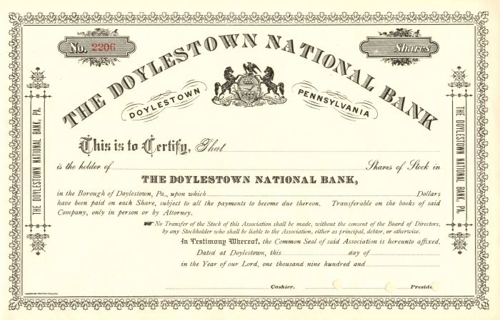 Doylestown National Bank - Stock Certificate