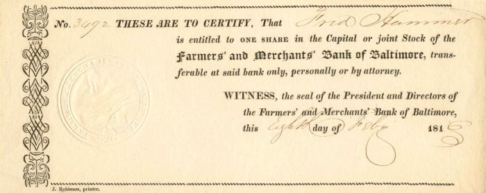 Farmers' and Merchants' Bank of Baltimore - Stock Certificate