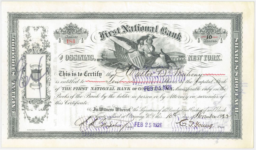 First National Bank of Ossining, New York - Stock Certificate