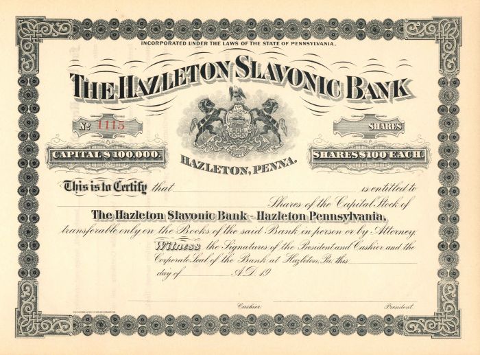 Hazleton Slavonic Bank - Stock Certificate