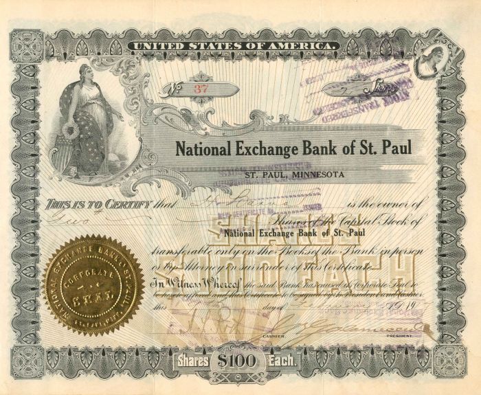 National Exchange Bank of St. Paul - Stock Certificate