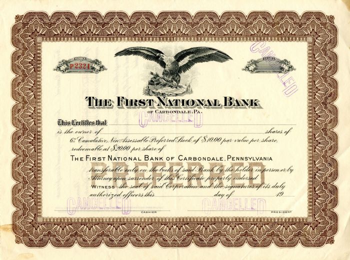 First National Bank of Carbondale, PA. - Stock Certificate