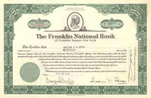 Franklin National Bank of Long Island, Mineola, New York - 1950's-60's dated Banking Stock Certificate - Two other versions in title: Franklin Square, New York or Mineola, New York - Please Specify Version