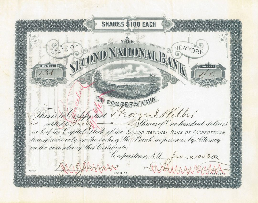 Second National Bank of Cooperstown - 1899-1906 dated Banking Stock Certificate - Baseball Hall of Fame - Cooperstown, New York