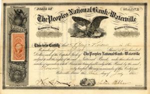 Peoples National Bank of Waterville - Waterville, Maine - 1865 dated Maine Banking Stock Certificate