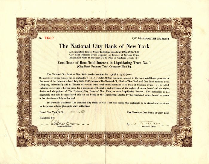 National City Bank of New York - 1938 Banking Stock Certificate