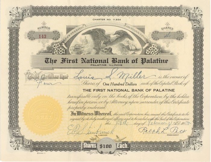 First National Bank of Palatine - Stock Certificate