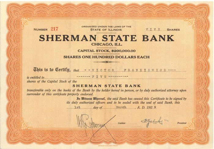 Sherman State Bank - 1929 dated Illinois Banking Stock Certificate