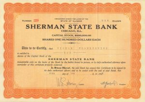 Sherman State Bank - 1929 dated Illinois Banking Stock Certificate