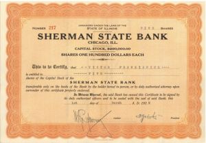 Sherman State Bank- Stock Certificate