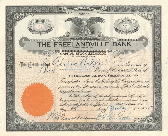 Freelandville Bank - Stock Certificate