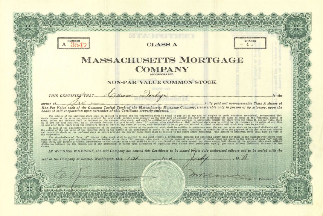 Massachusetts Mortgage Co. - 1928 dated Banking Stock Certificate