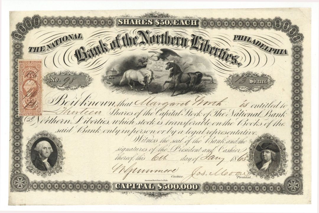 National Bank of the Northern Liberties - 1865 dated Banking Stock Certificate