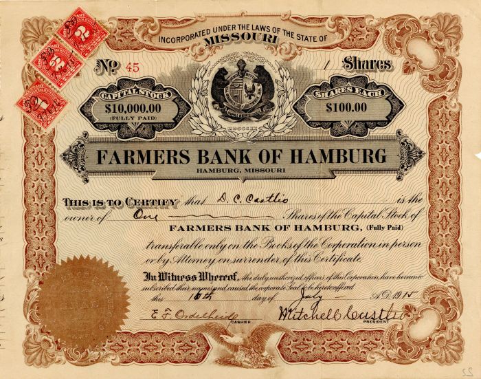 Farmers Bank of Hamburg - Stock Certificate