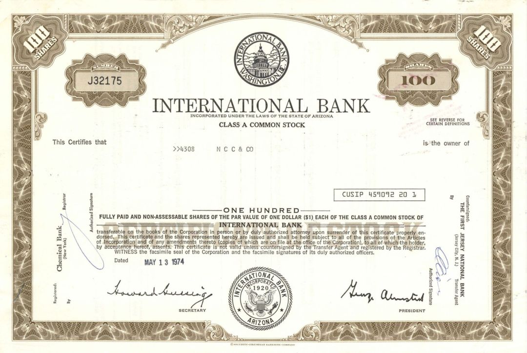 International Bank - 1974 dated Banking Stock Certificate