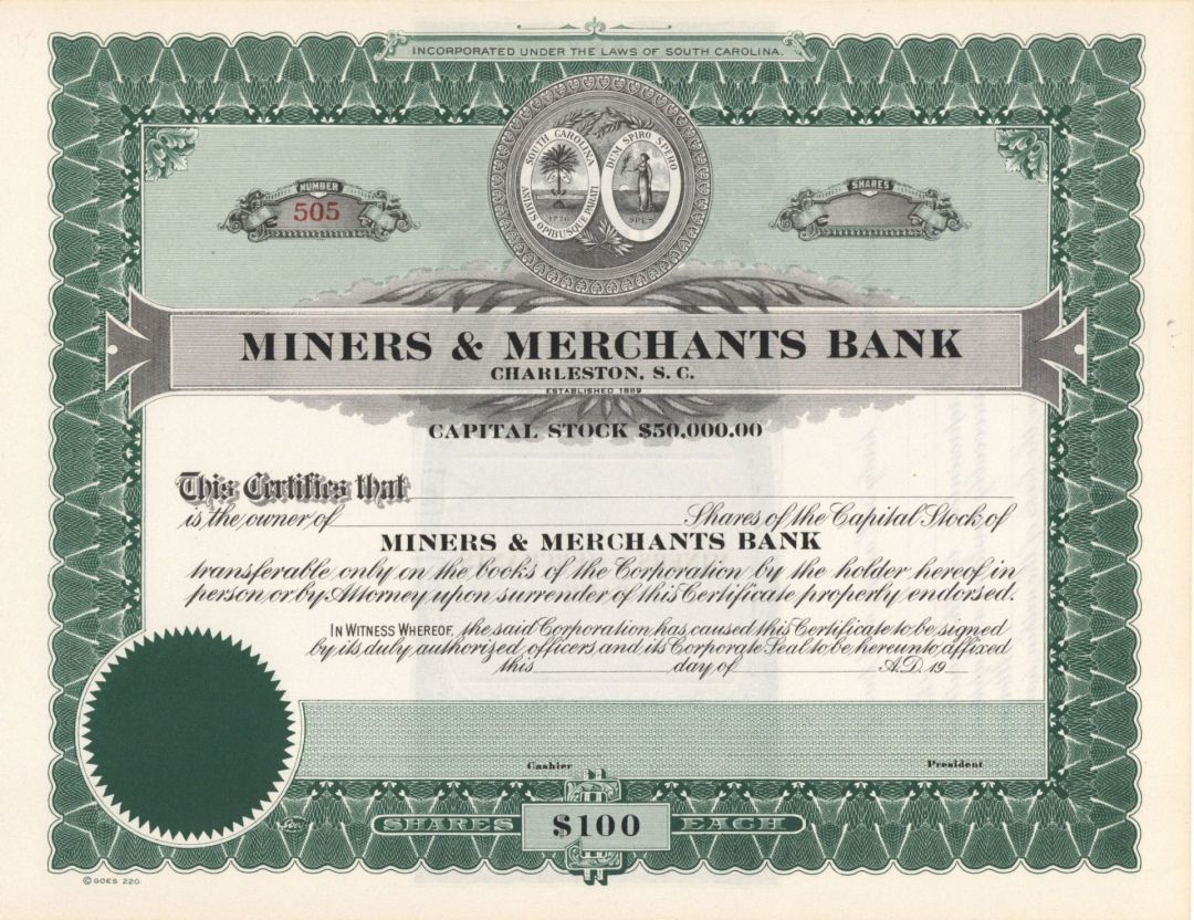 Miners and Merchants Bank Charleston, S.C. - Unissued Banking Stock Certificate