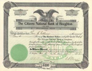 Citizens National Bank of Houghton - 1904 or 1910 dated Stock Certificate