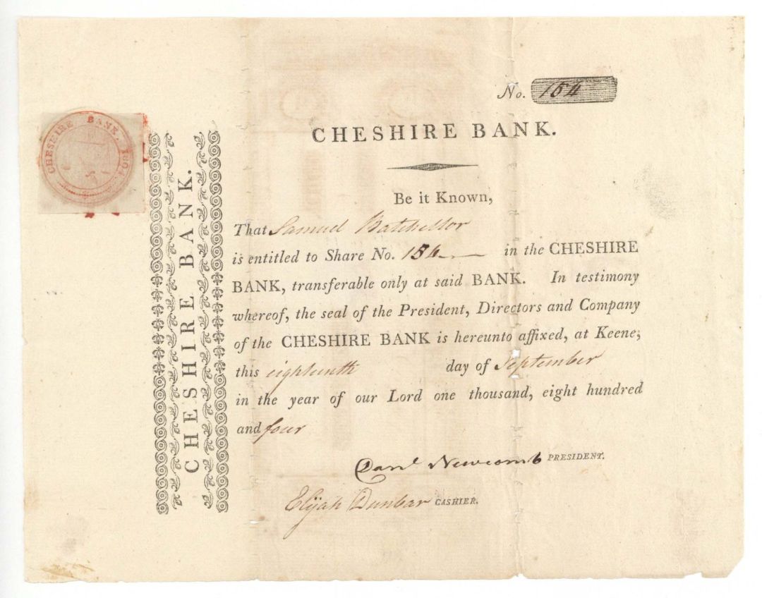 Cheshire Bank - 1804 dated Stock Certificate