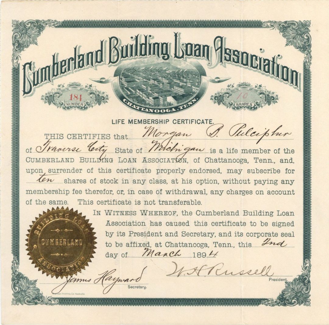 Cumberland Building Loan Assoc. - 1894 dated Stock Certificate