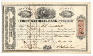 First National Bank of Toledo - 1864 dated Stock Certificate