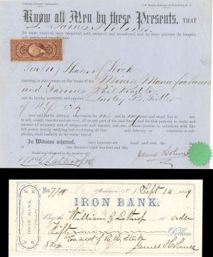 Iron Bank Check and Stock Transfer - 1859 dated Stock Certificate and Check