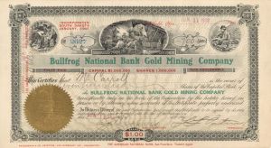 Bullfrog National Bank Gold Mining Co. - 1908 dated Stock Certificate