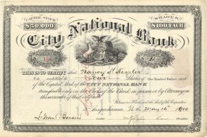 City National Bank - 1910 dated Stock Certificate