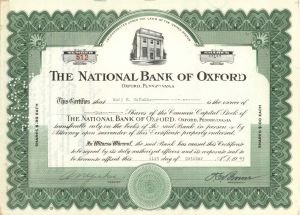 National Bank of Oxford - 1943 dated Stock Certificate
