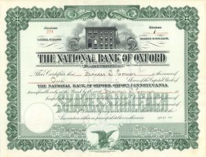 National Bank of Oxford - 1927 dated Stock Certificate