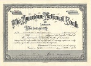 American National Bank of Camden - 1929 dated Stock Certificate