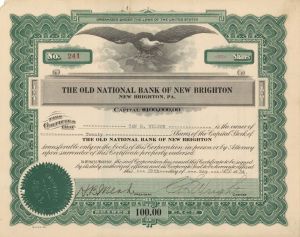 Old National Bank of New Brighton - 1934 dated Stock Certificate