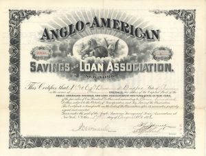 Anglo-American Savings and Loan Association of New York - 1896 dated Stock Certificate