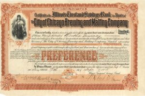 City of Chicago Brewing and Malting Company, Limited - 1893 dated Stock Certificate