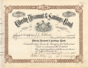 Liberty Discount and Savings Bank - 1903 dated Stock Certificate