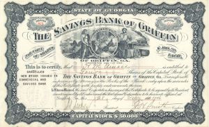 Savings Bank of Griffin - 1906 dated Stock Certificate