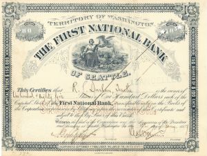 First National Bank of Seattle - Territory of Washington - 1887 or 1890 dated Unissued Banking Stock Certificate
