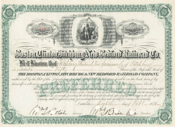 Boston, Clinton, Fitchburg and New Bedford Railroad - Stock Certificate