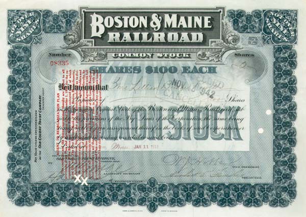 Boston and Maine Railroad - Stock Certificate