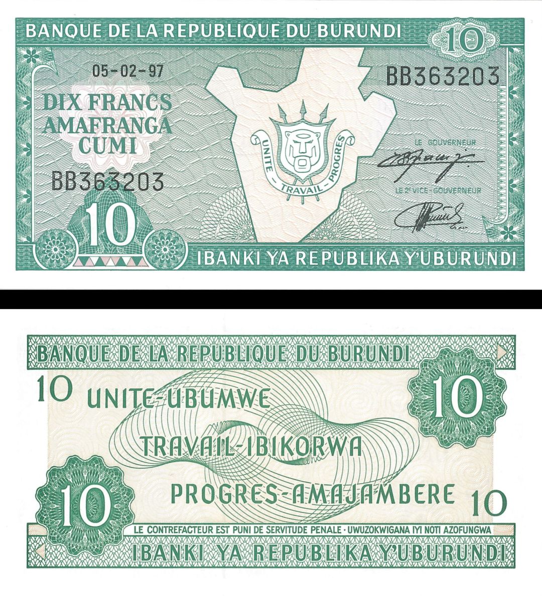 Burundi - 10 Francs - P-33d - 1997 dated Foreign Paper Money