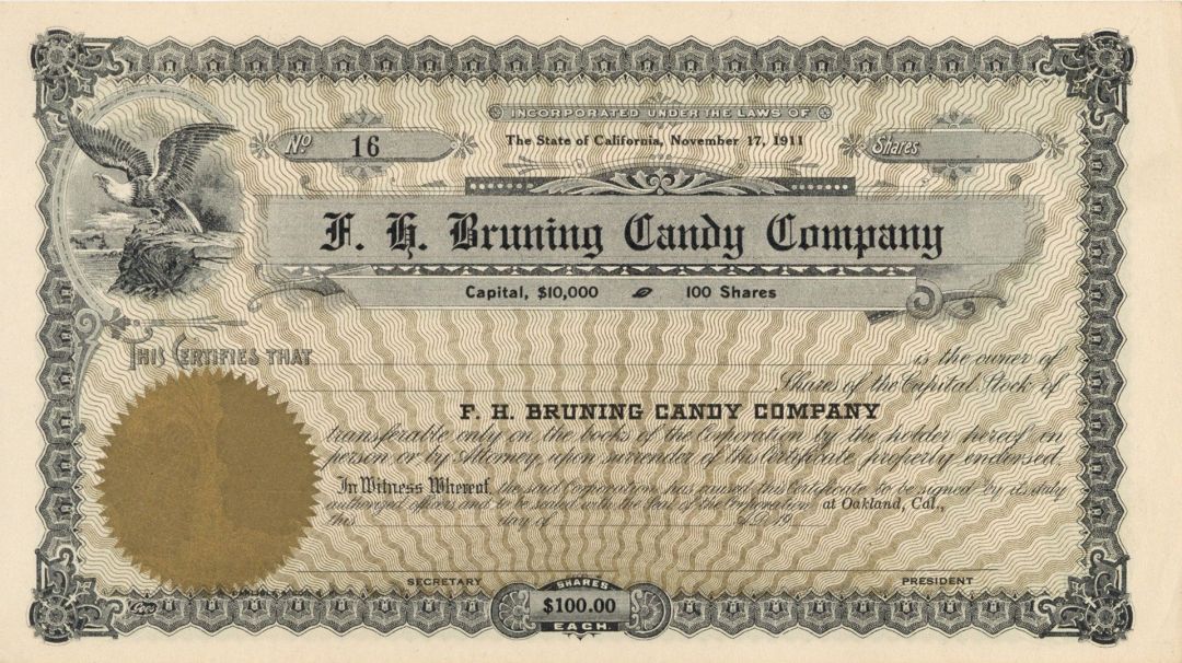 F. H. Bruning Candy Co. - Stock Certificate