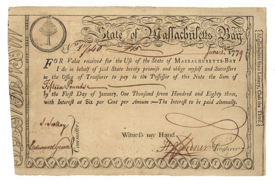 State of Massachusetts Bay Bond - 1779-80 dated Colonial Bond