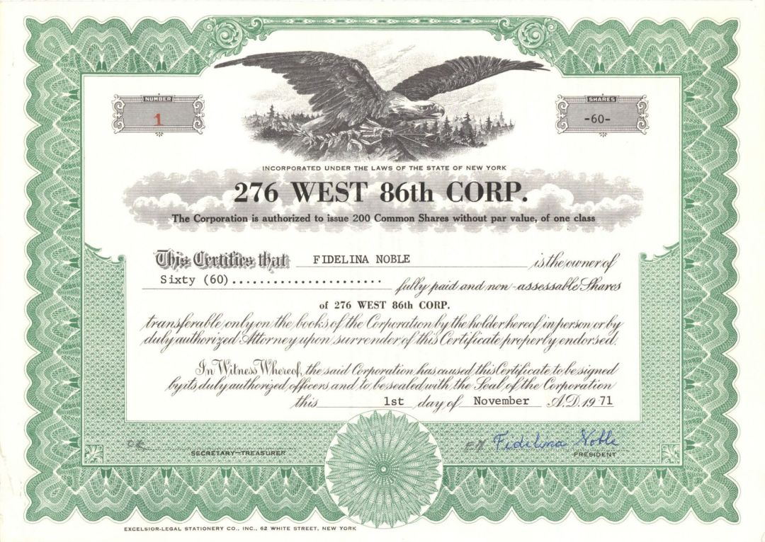 276 West 86th Corp. - Certificate number 1 - 1971 dated Stock Certificate