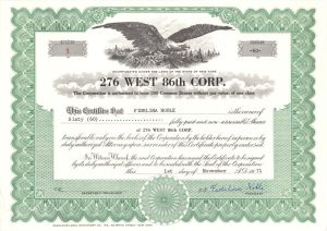 276 West 86th Corp. - Certificate number 1 - 1971 dated Unissued Stock Certificate