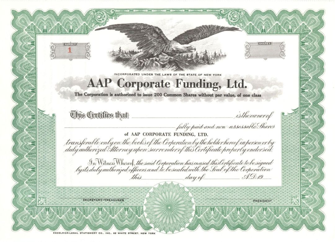 AAP Corporate Funding, Ltd. - Certificate number 1 - Unissued Stock Certificate