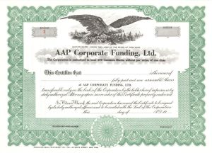 AAP Corporate Funding, Ltd. - Certificate number 1 - Unissued Stock Certificate