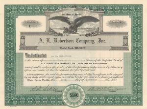 A.L. Robertson Company, Inc. - Certificate number 1 - 1925 dated Stock Certificate