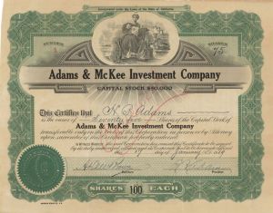 Adams and McKee Investment Co. - Certificate number 1 - 1919 dated Stock Certificate