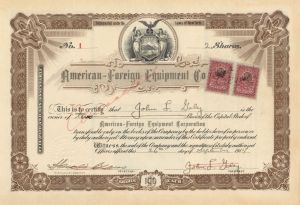 American-Foreign Equipment Corp. - Certificate number 1 - 1914 dated Stock Certificate