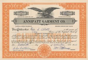 Annipatt Garment Co. - Certificate number 1 - 1923 dated Stock Certificate